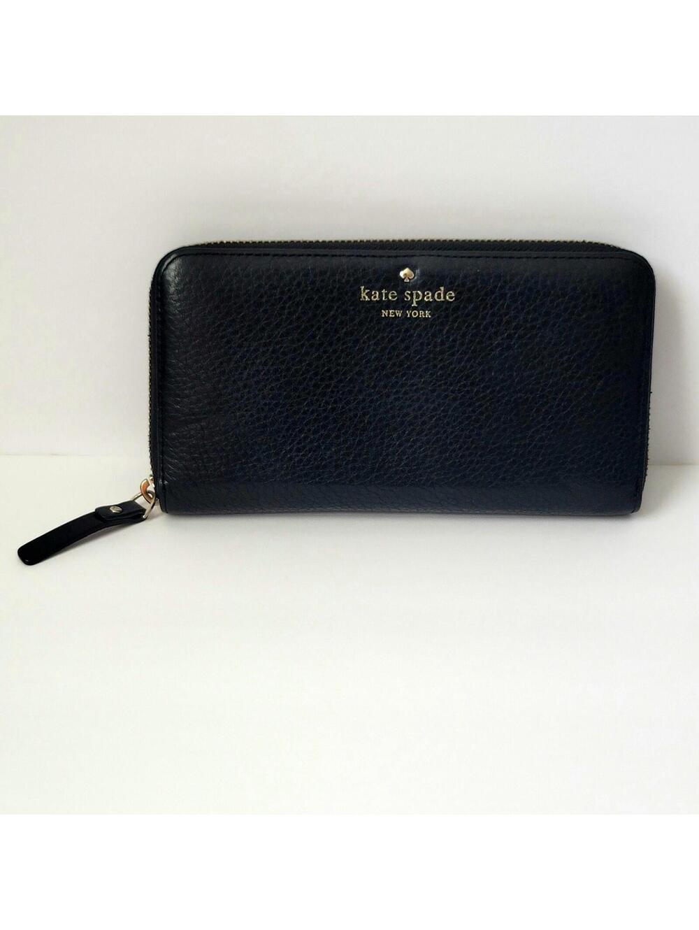 Kate Spade New York Q331 Black Leather Zip Around Wallet Wristlet Stripe Lining